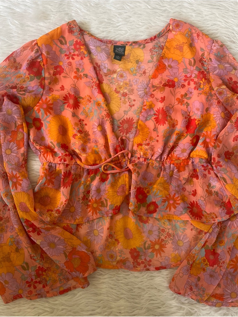 Flowy Floral Tie-Front Top in Coral, Yellow & Lavender by wild fable